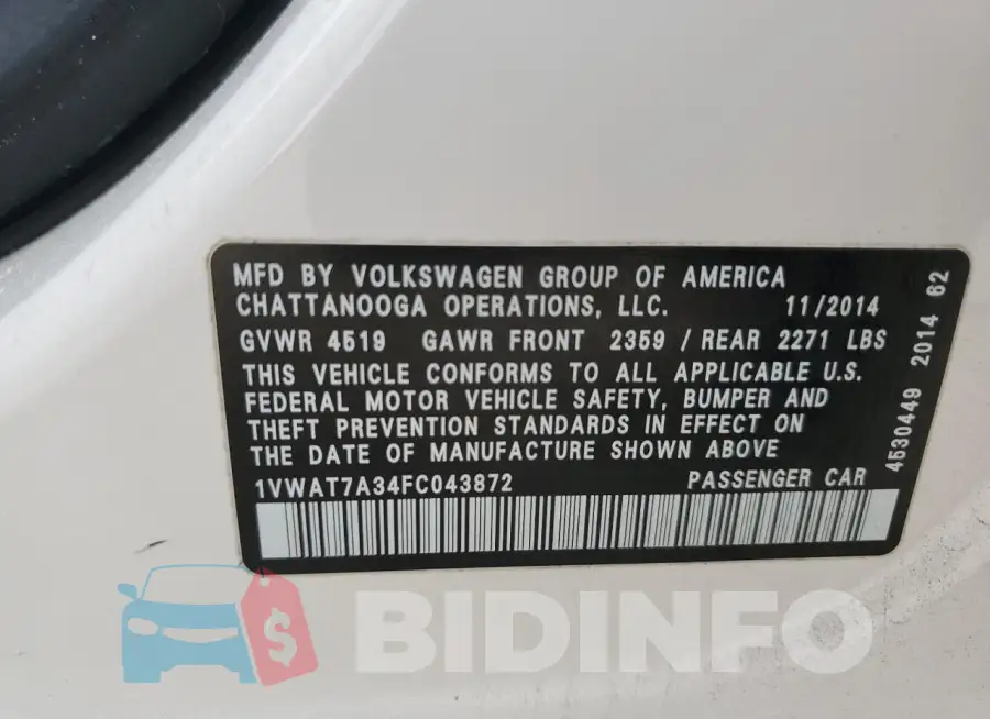 1VWAT7A34FC043872 Photo# 12