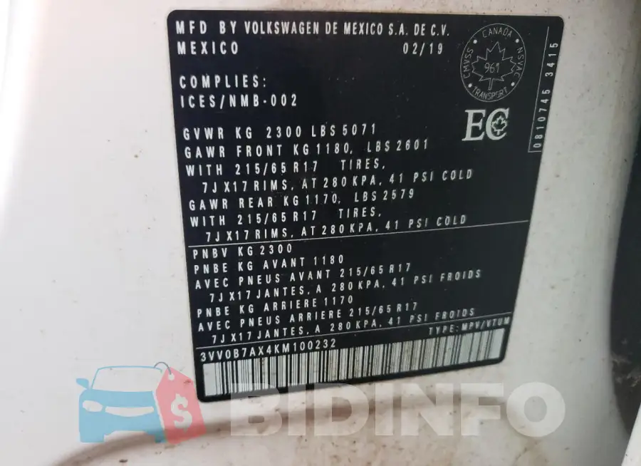 3VV0B7AX4KM100232 Photo# 13