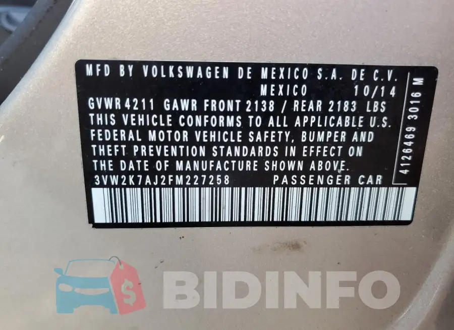 3VW2K7AJ2FM227258 Photo# 12