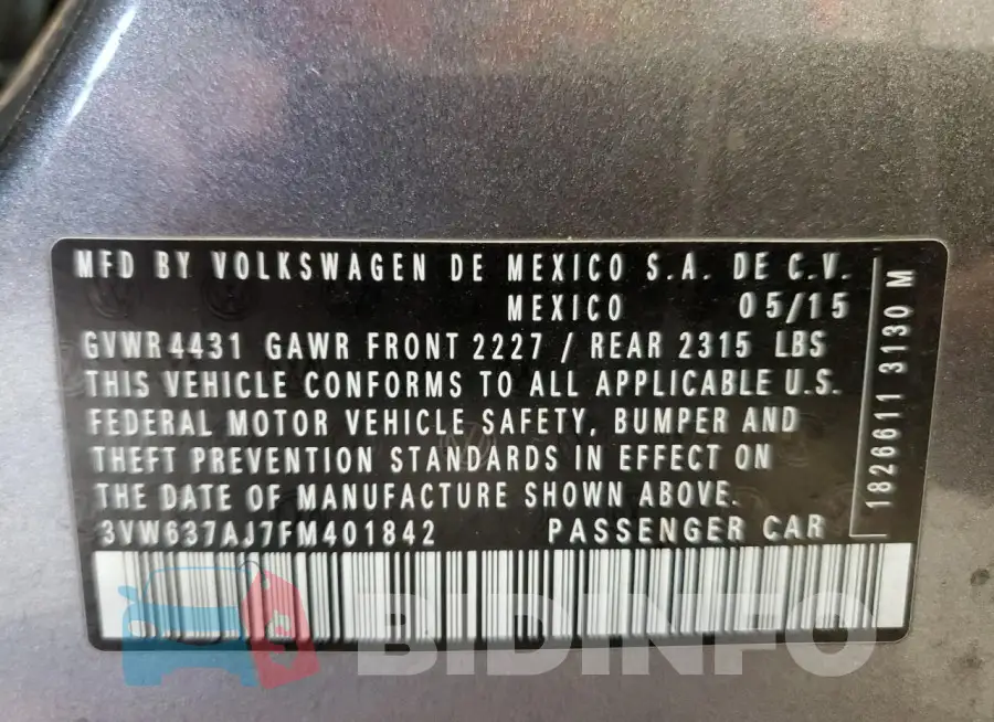 3VW637AJ7FM401842 Photo# 12