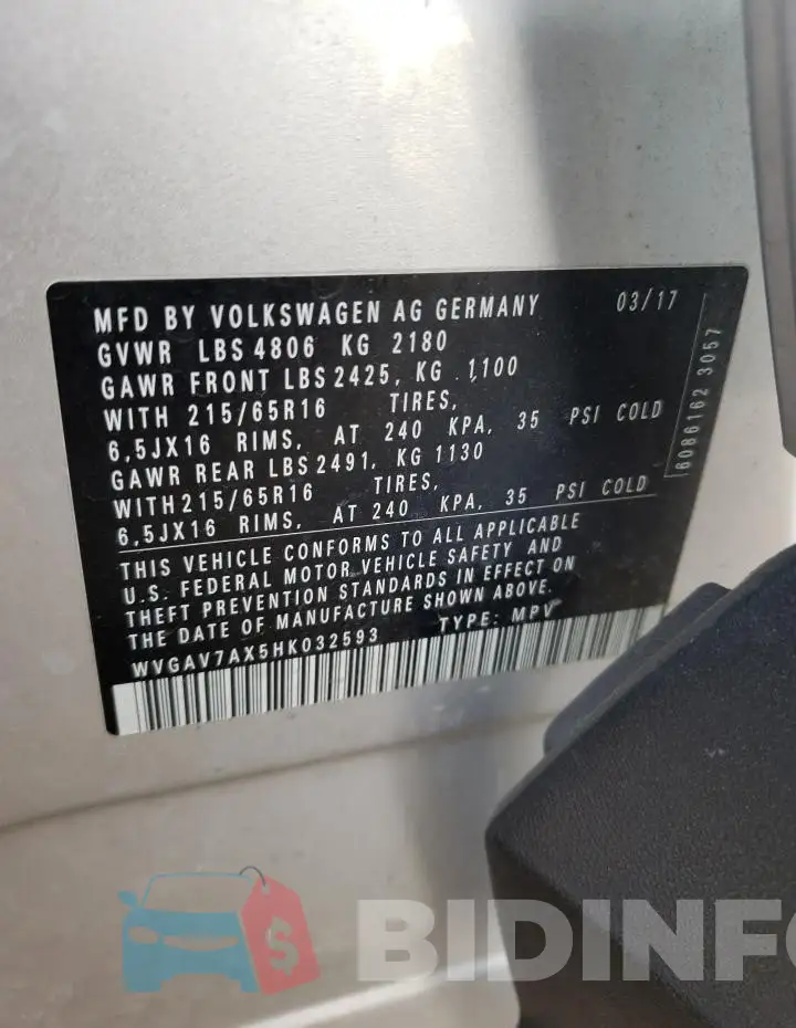 WVGAV7AX5HK032593 Photo# 13