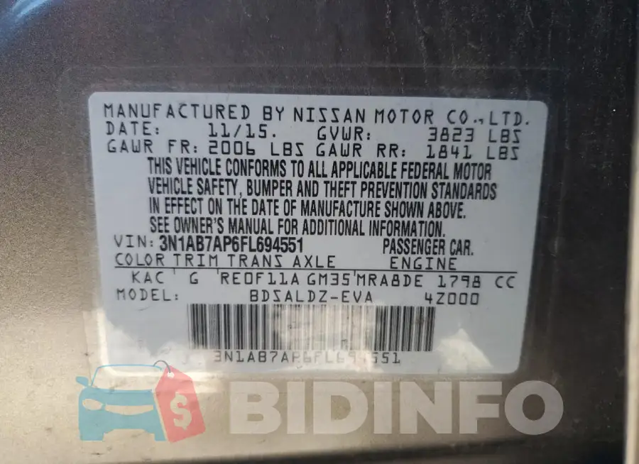 3N1AB7AP6FL694551 Photo# 12