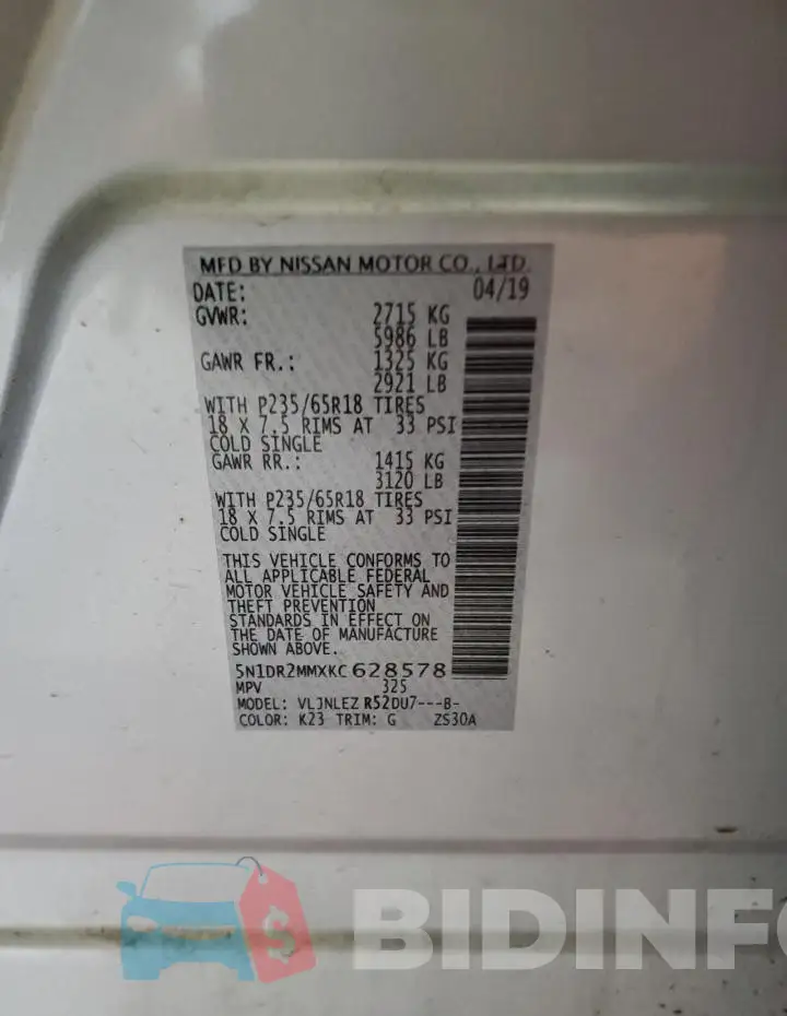 5N1DR2MMXKC628578 Photo# 13
