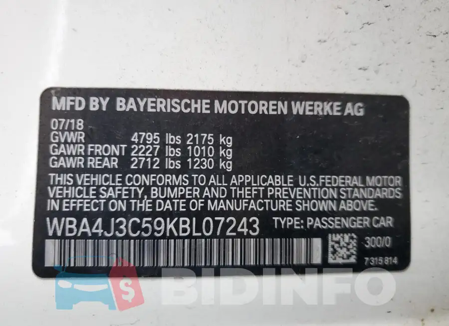 WBA4J3C59KBL07243 Photo# 12
