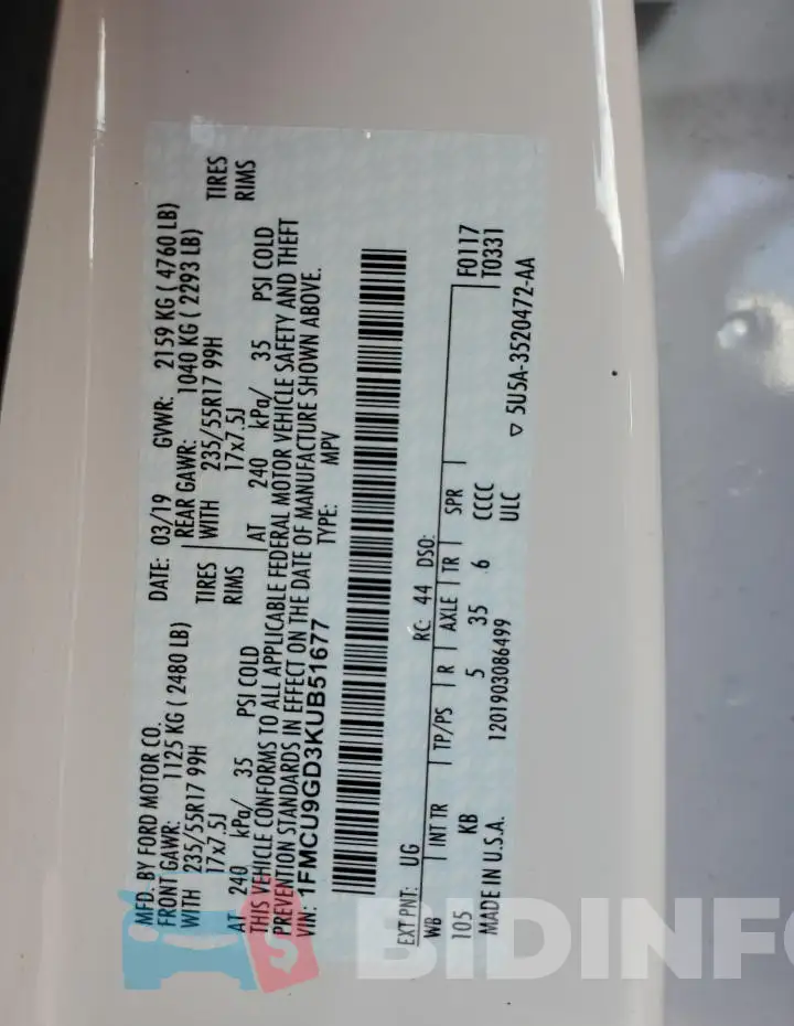 1FMCU9GD3KUB51677 Photo# 13
