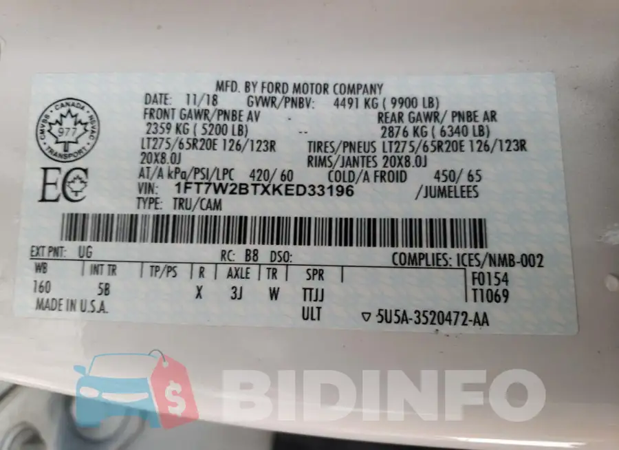 1FT7W2BTXKED33196 Photo# 12