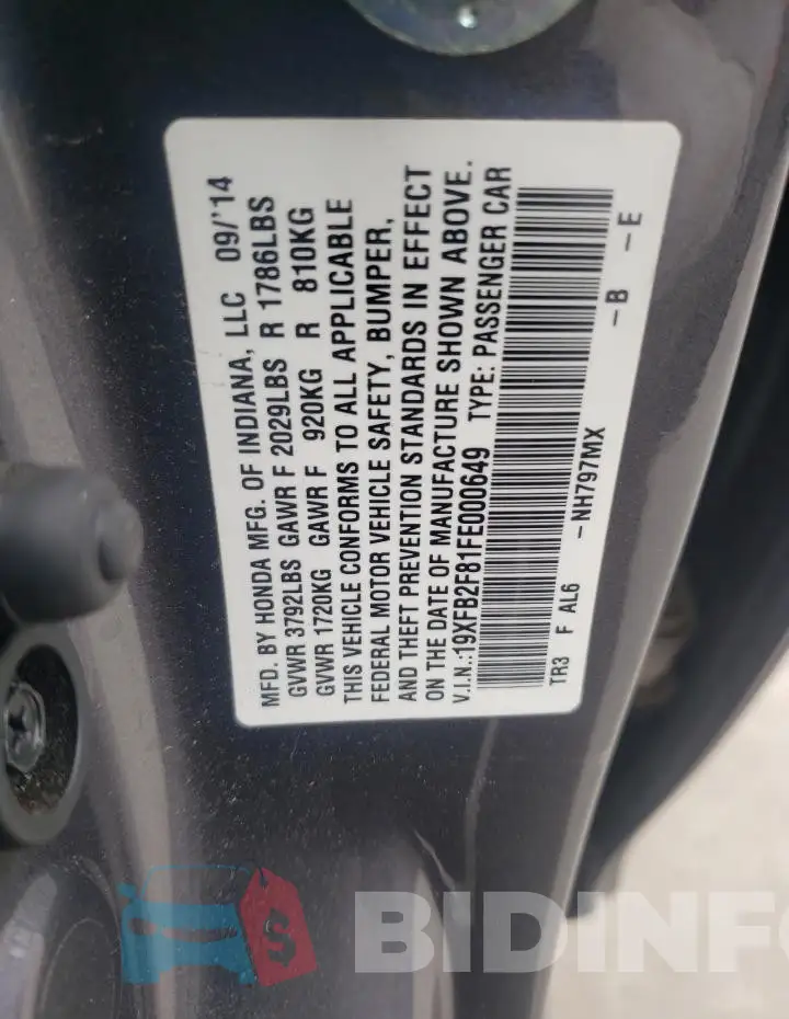 19XFB2F81FE000649 Photo# 13
