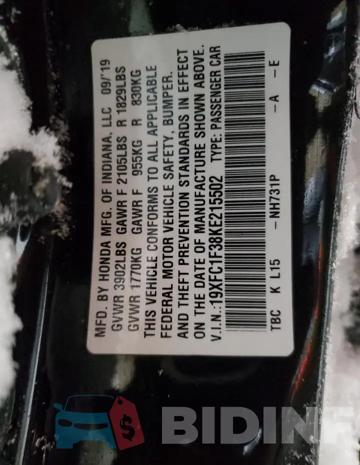 19XFC1F38KE215502 Photo# 12