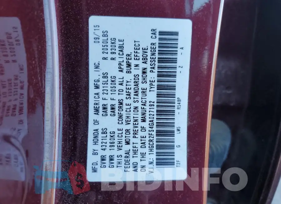 1HGCR2F54GA027192 Photo# 12