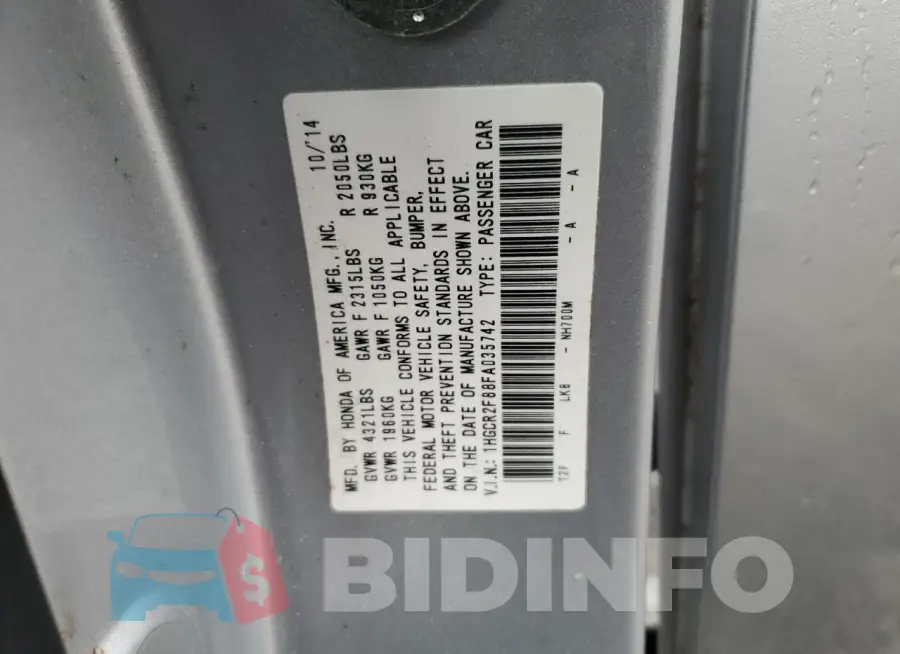 1HGCR2F88FA035742 Photo# 12