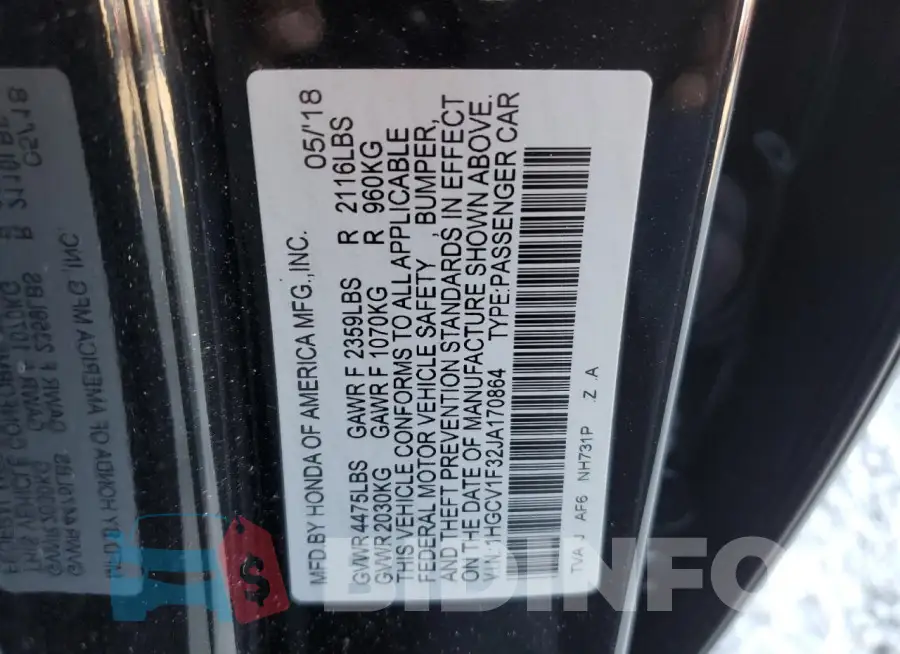 1HGCV1F32JA170864 Photo# 12