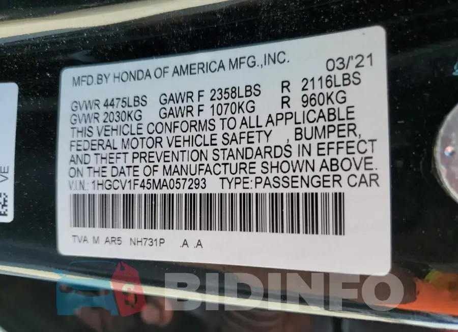 1HGCV1F45MA057293 Photo# 13