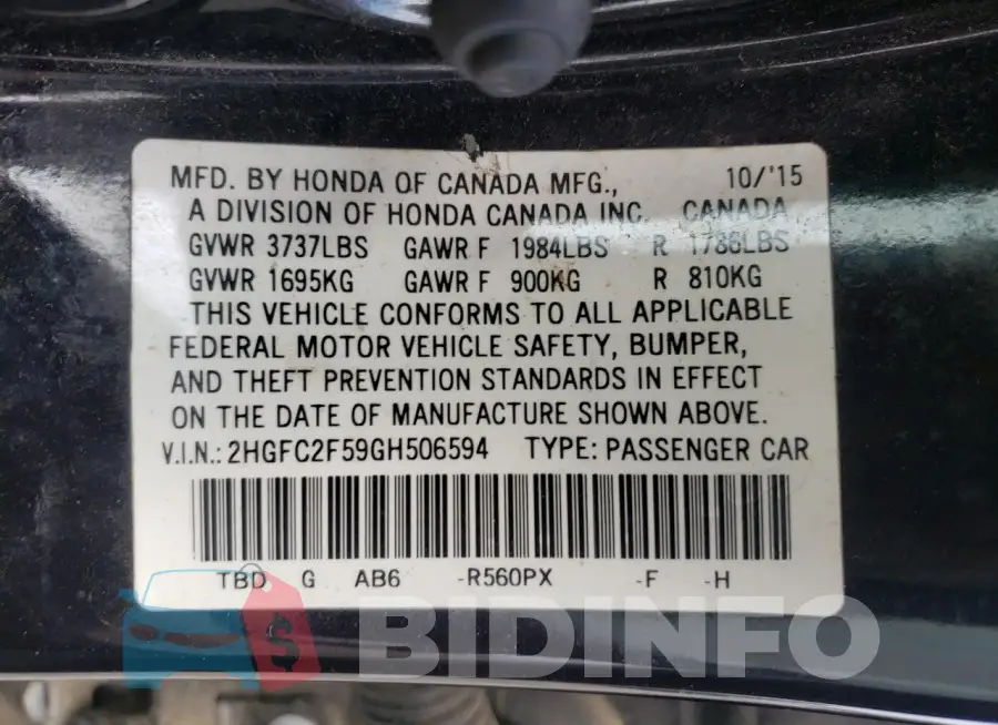 2HGFC2F59GH506594 Photo# 12