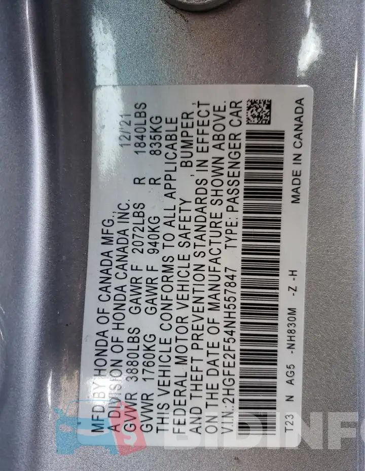 2HGFE2F54NH557847 Photo# 12