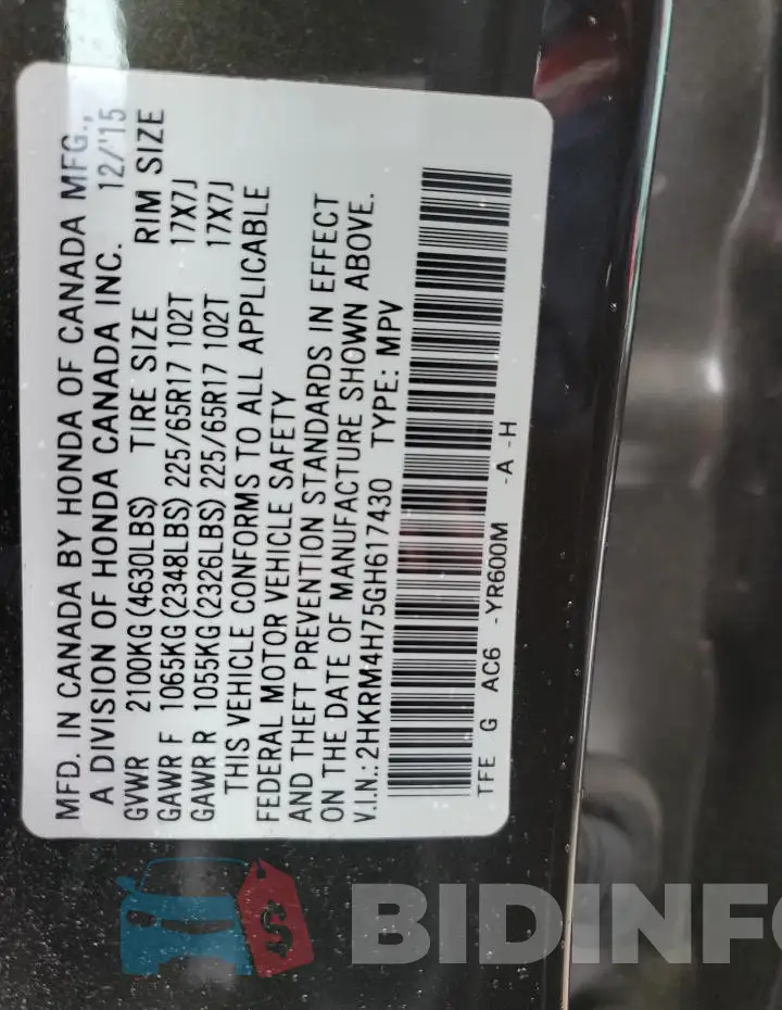 2HKRM4H75GH617430 Photo# 13