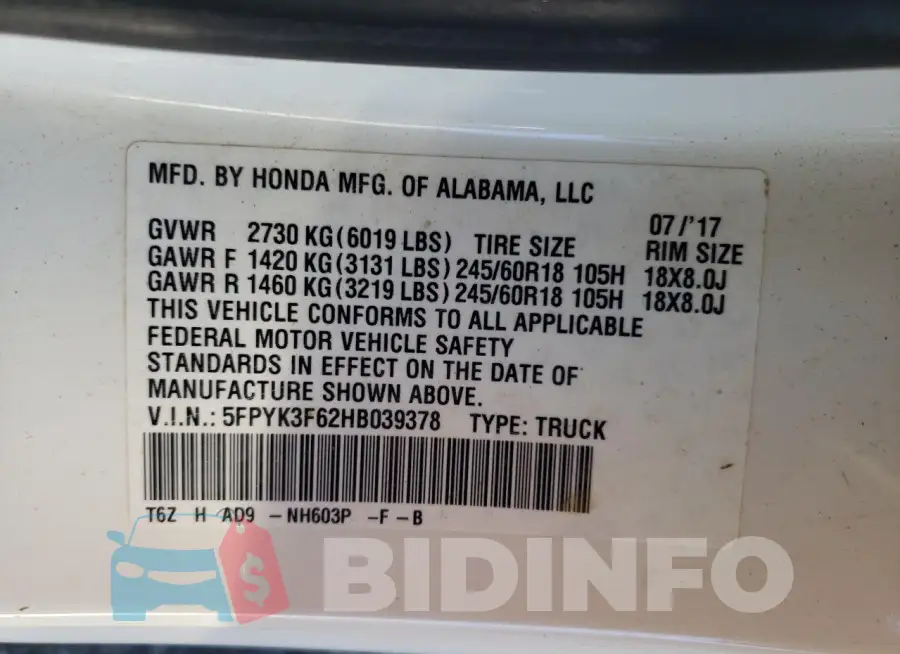 5FPYK3F62HB039378 Photo# 12