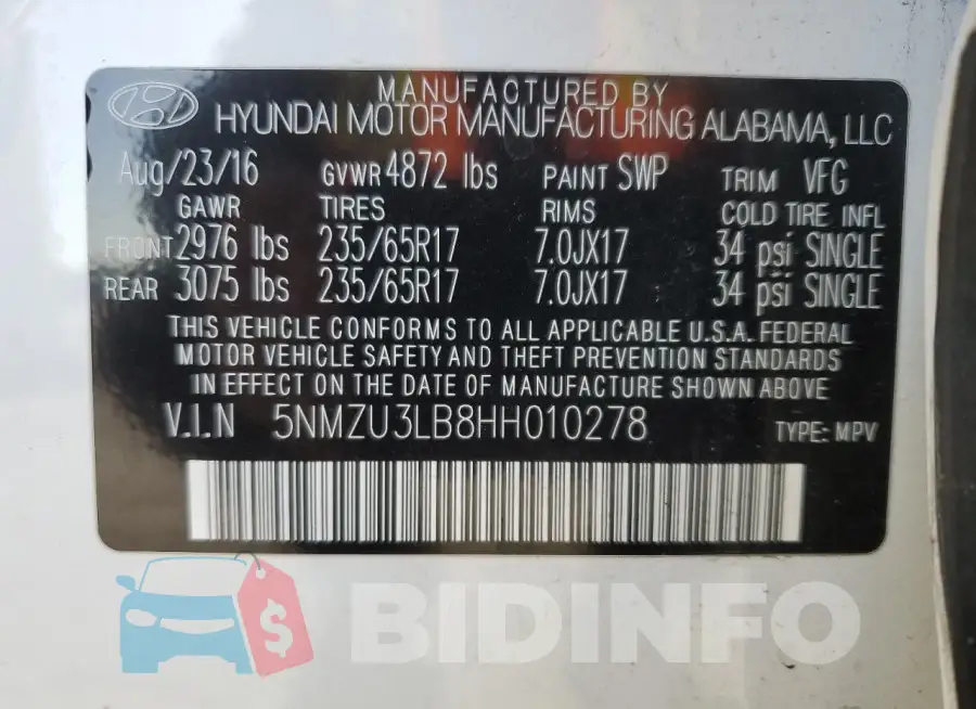 5NMZU3LB8HH010278 Photo# 13