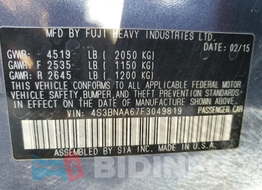 4S3BNAA67F3049819 Photo# 13