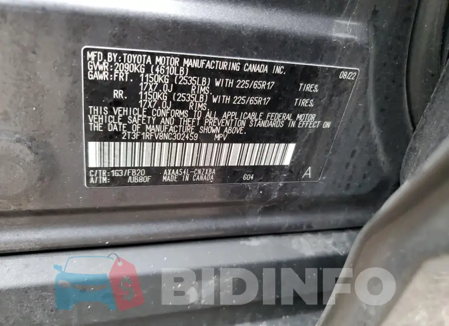 2T3F1RFV8NC302459 Photo# 14