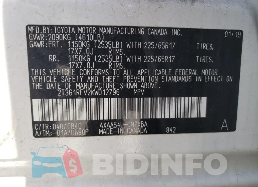 2T3G1RFV2KW012796 Photo# 14