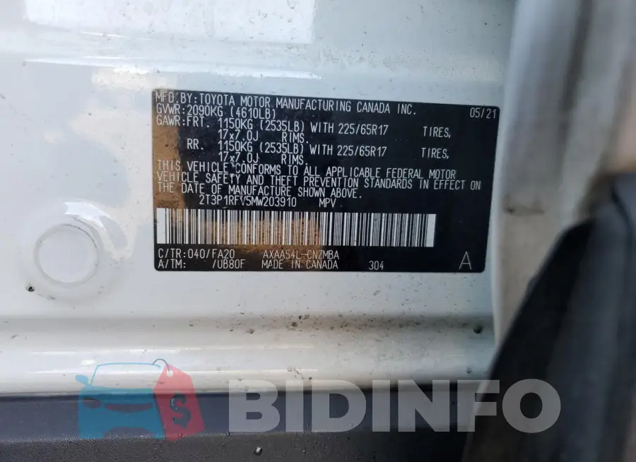 2T3P1RFV5MW203910 Photo# 12