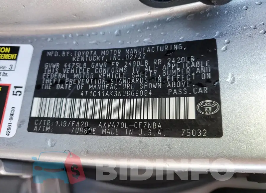 4T1C11AK3NU668094 Photo# 12