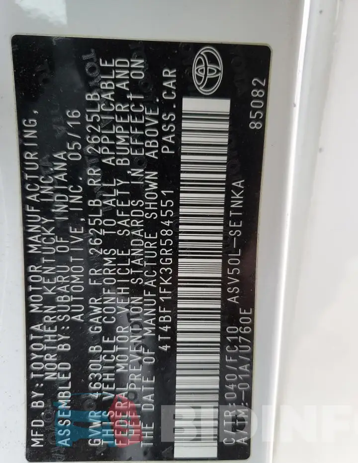 4T4BF1FK3GR584551 Photo# 13