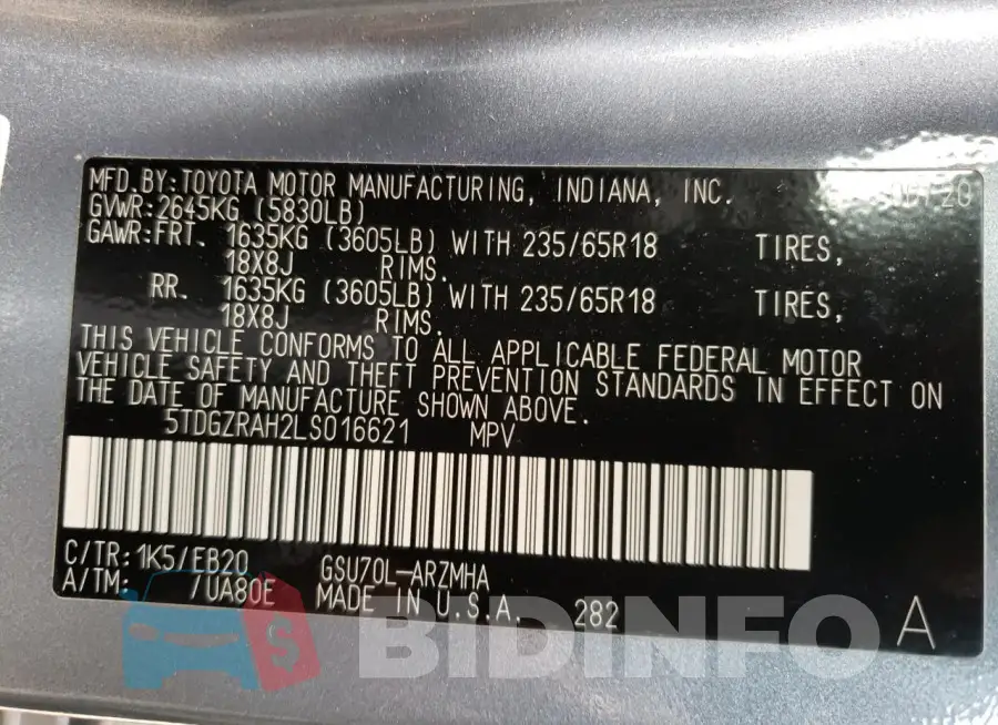 5TDGZRAH2LS016621 Photo# 14