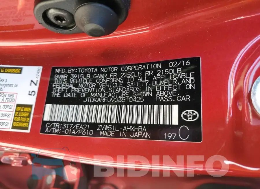 JTDKARFU9G3510425 Photo# 12