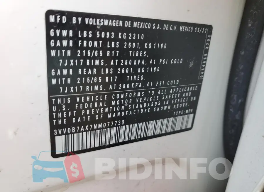 3VV0B7AX7NM077730 Photo# 12