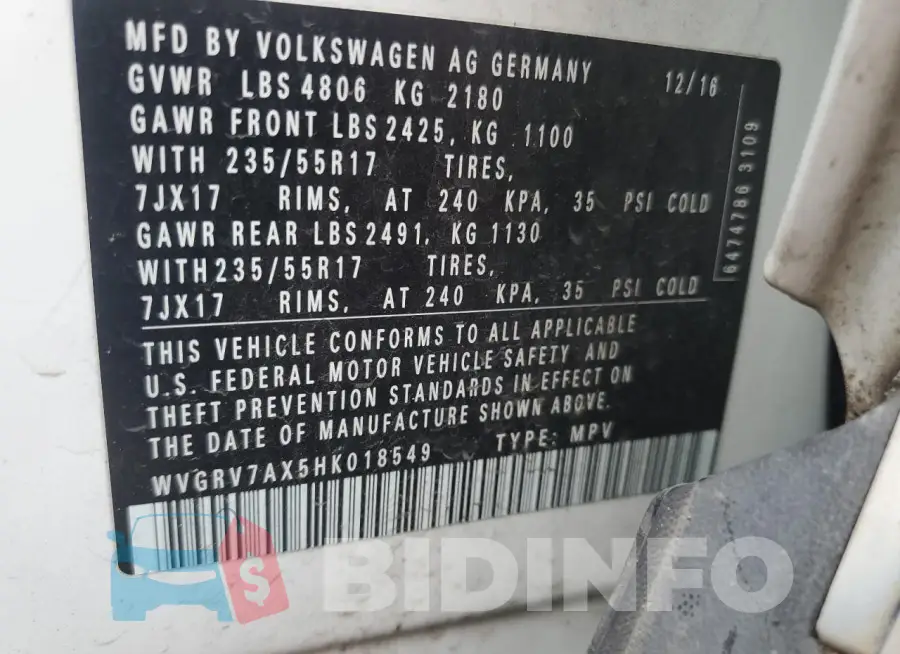 WVGRV7AX5HK018549 Photo# 13