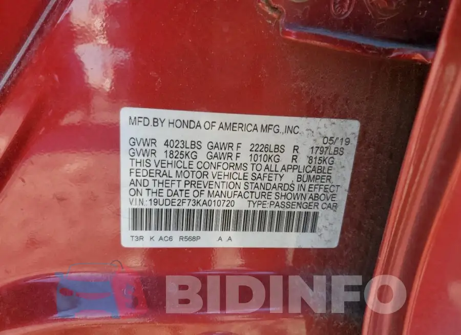 19UDE2F73KA010720 Photo# 12