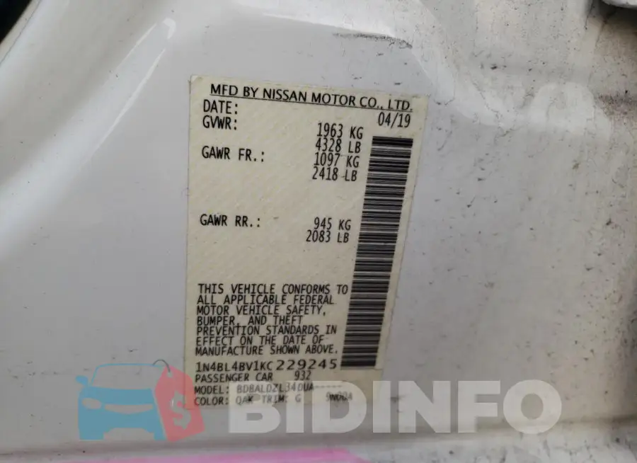 1N4BL4BV1KC229245 Photo# 12