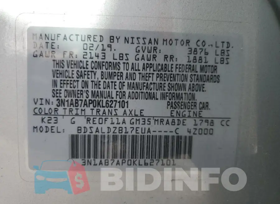 3N1AB7AP0KL627101 Photo# 13