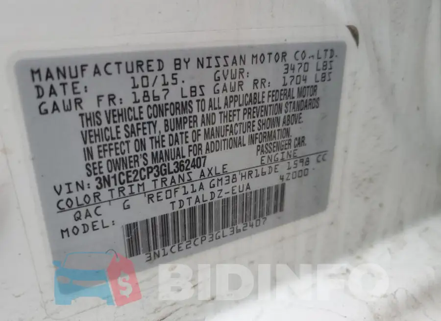 3N1CE2CP3GL362407 Photo# 12