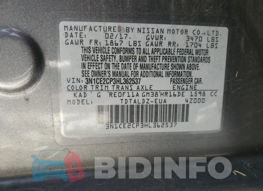 3N1CE2CP3HL362537 Photo# 12
