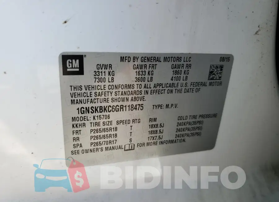 1GNSKBKC6GR118475 Photo# 14