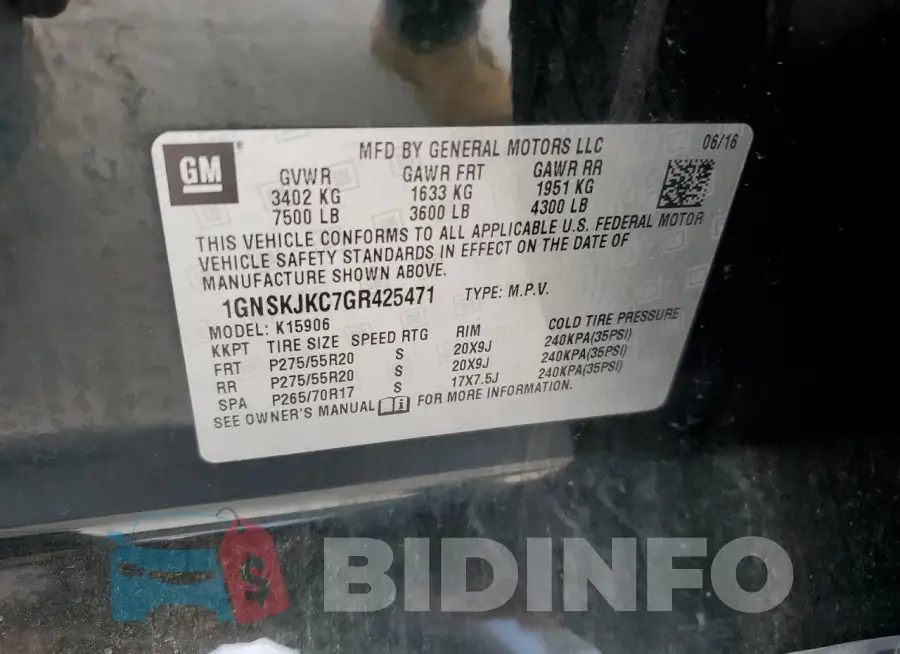 1GNSKJKC7GR425471 Photo# 14