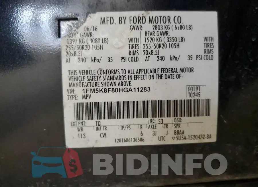 1FM5K8F80HGA11283 Photo# 14