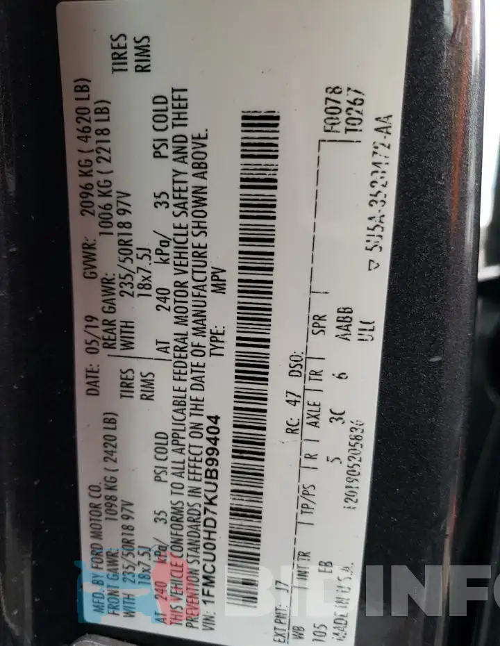 1FMCU0HD7KUB99404 Photo# 13
