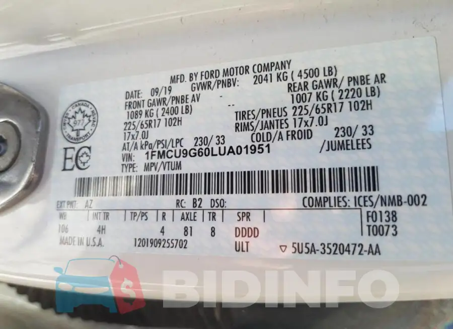 1FMCU9G60LUA01951 Photo# 13