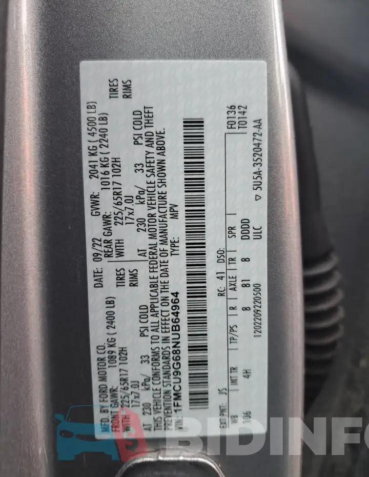 1FMCU9G68NUB64964 Photo# 12