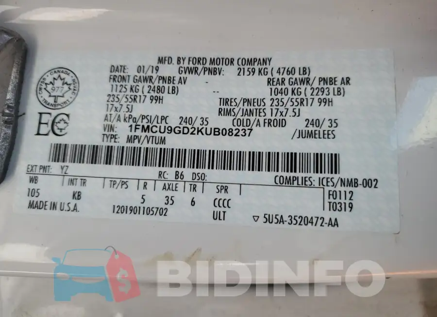 1FMCU9GD2KUB08237 Photo# 13