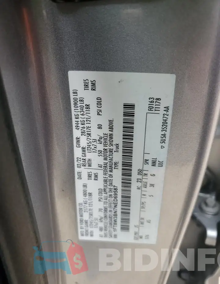 1FT8W3BN7NED69587 Photo# 12