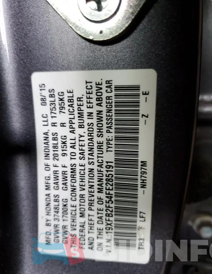 19XFB2F54FE285191 Photo# 12