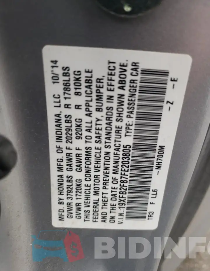 19XFB2F87FE203805 Photo# 12