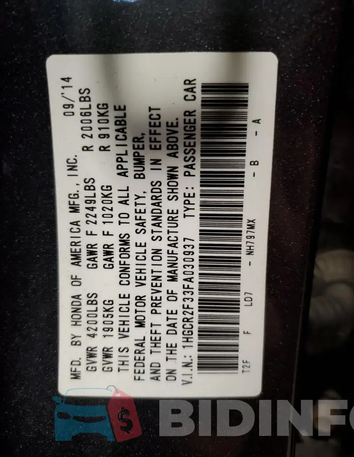 1HGCR2F33FA030937 Photo# 13