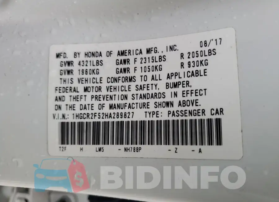 1HGCR2F52HA289827 Photo# 12