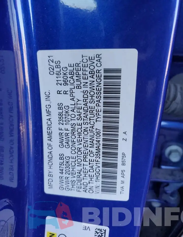 1HGCV1F35MA041067 Photo# 12
