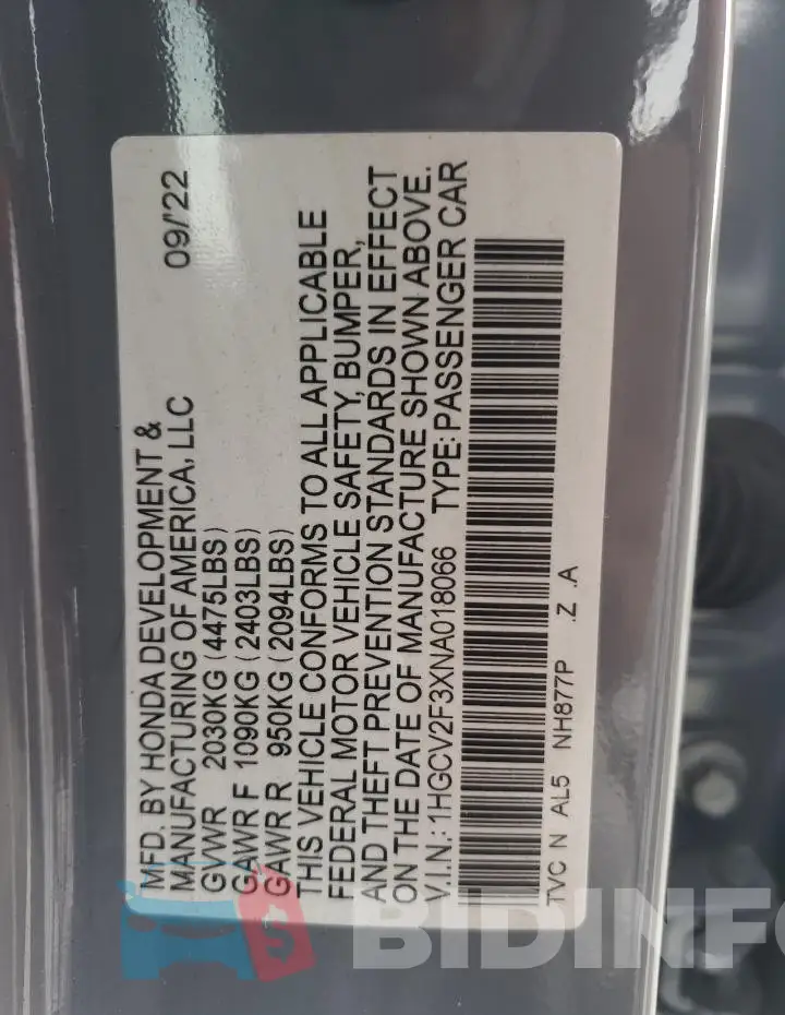 1HGCV2F3XNA018066 Photo# 13